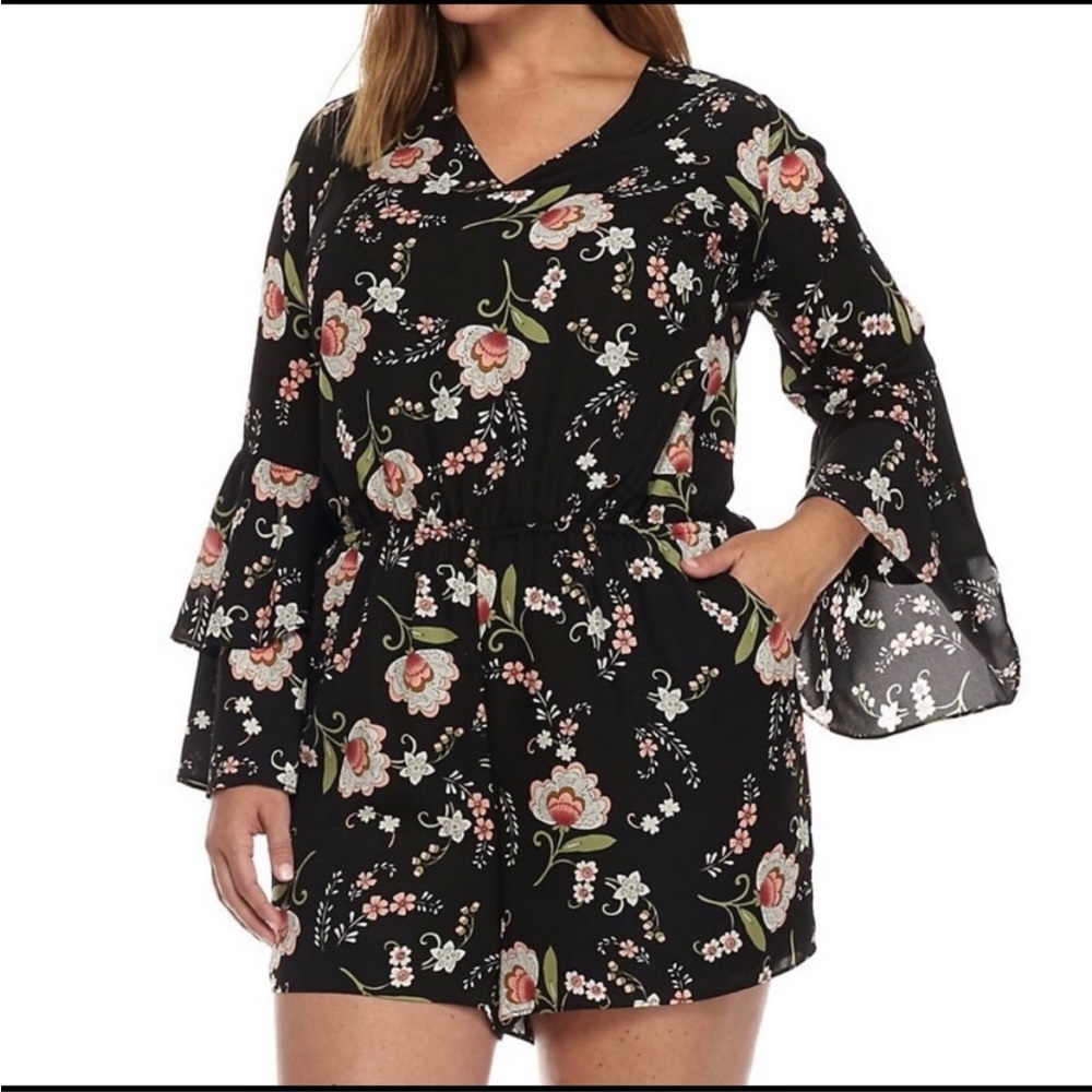 Kaari Blue Plus Curvy Floral Bell Sleeve Romper 22W